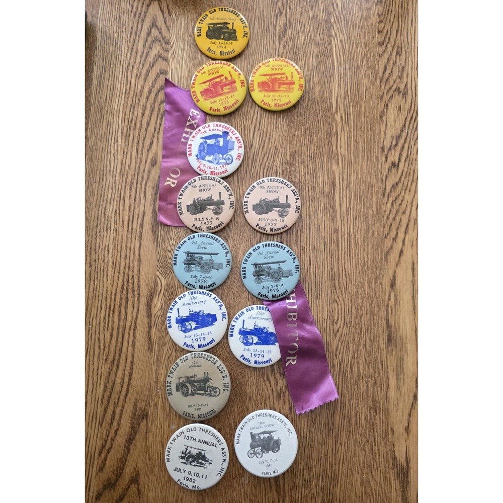 13 Vintage Mark Twain Old Threshers Pinback Button Ribbon Lot Paris MO 70s 80s